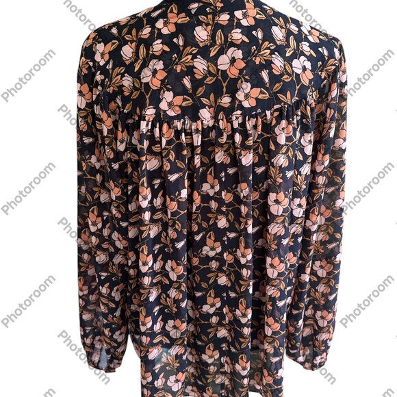 Loft Medium Blue & Pink Floral Button Long Balloon Sleeve Sheer Blouse - Picture 4 of 6